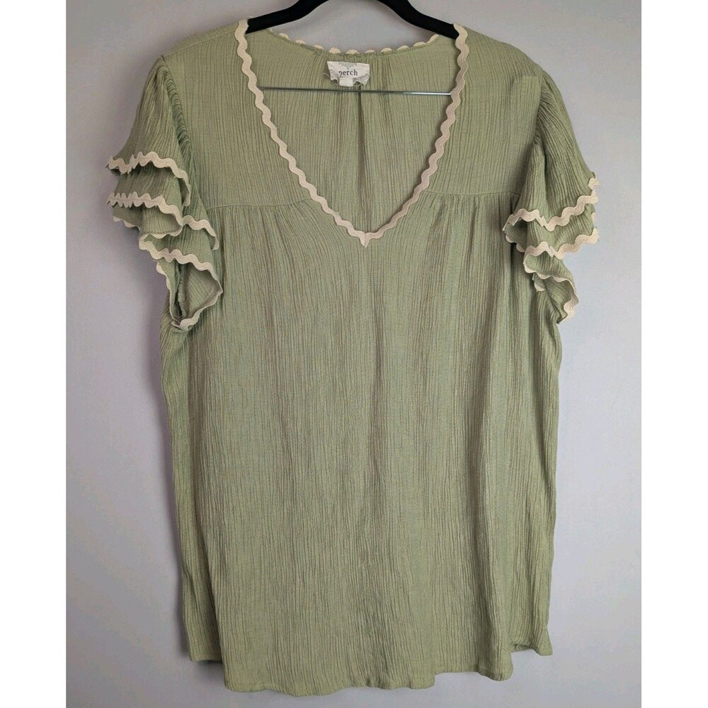 Womens Green Blouse 1X Popover Short Sleeve Flutter Top Casual Perch Blu Pepper